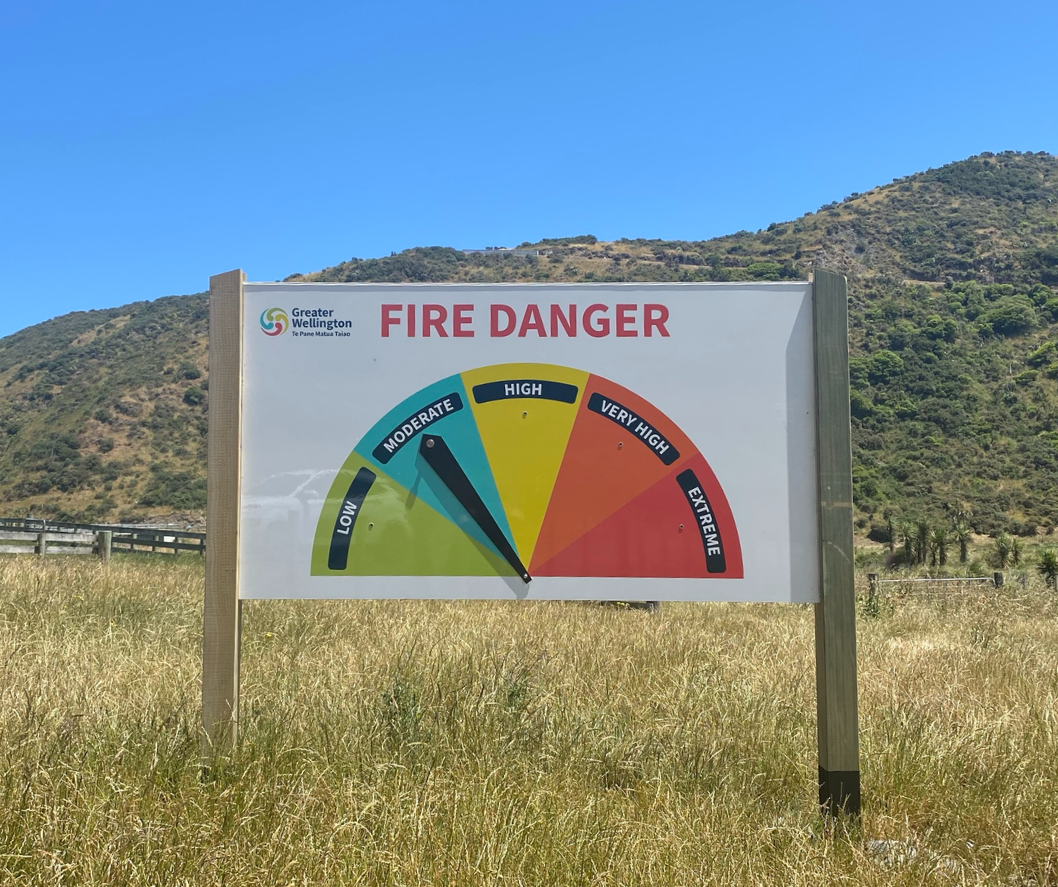 Fire danger sign in East Harbour Regional Park with the hand pointing to moderate